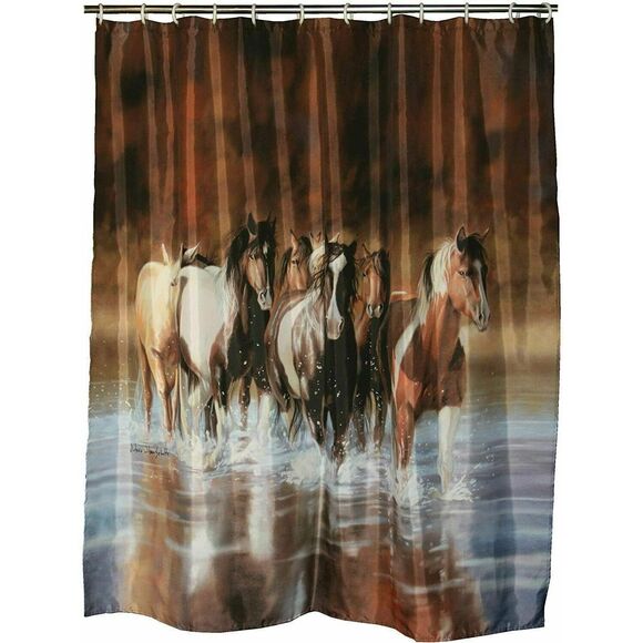 Rivers Edge Rush Hour Horses Shower Curtain Crossing Creek Hooks Brown Fabric - Picture 1 of 4